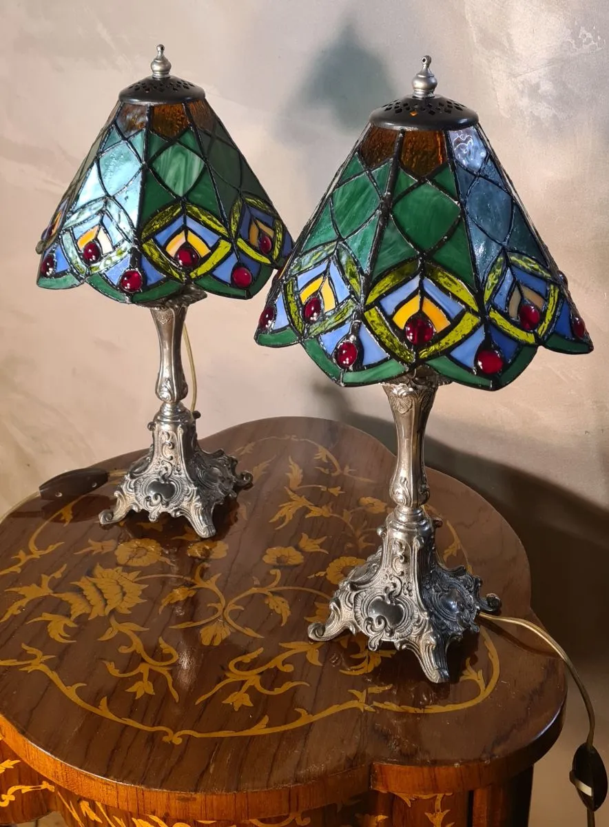 paire de lampe metal argenté art nouveau  38x20  tiffany ver