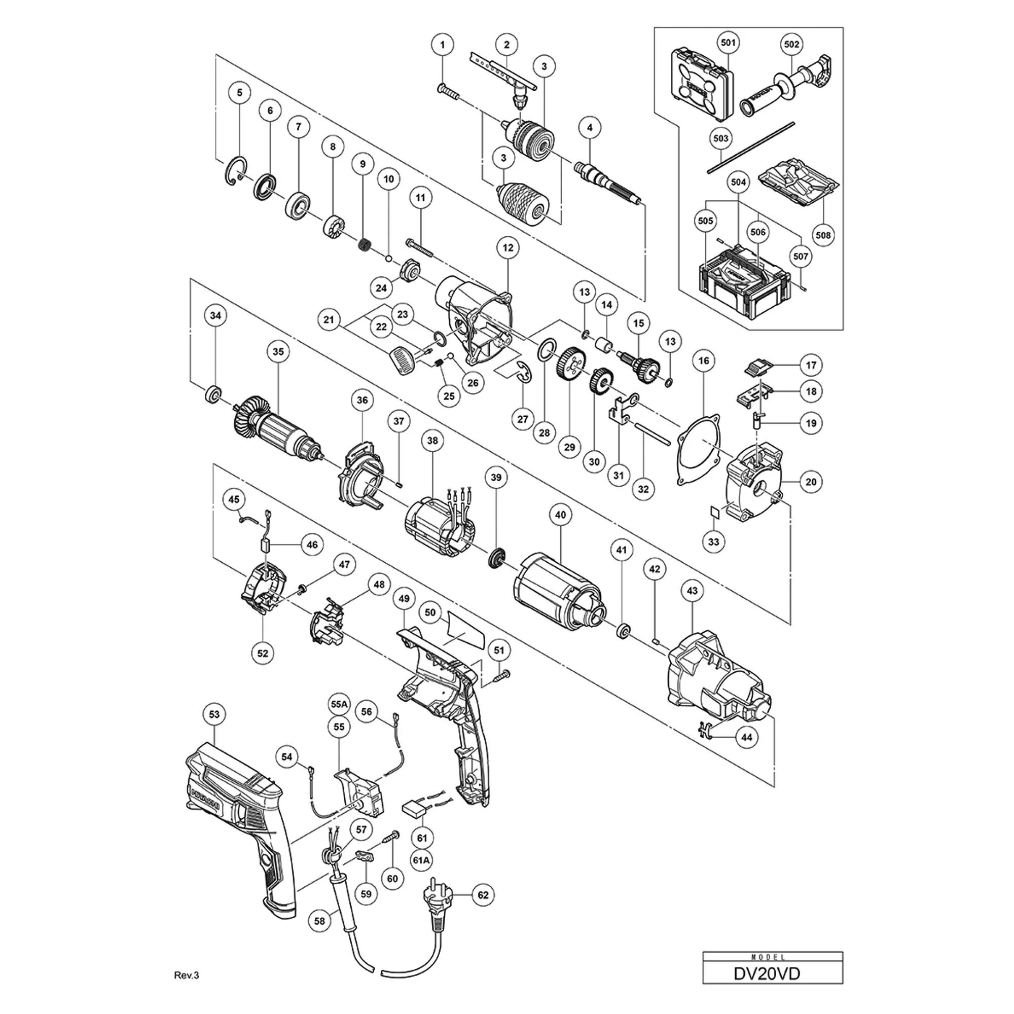 Pièces détachées Perceuse-visseuse à percussion Hitachi Hikoki DV20VD